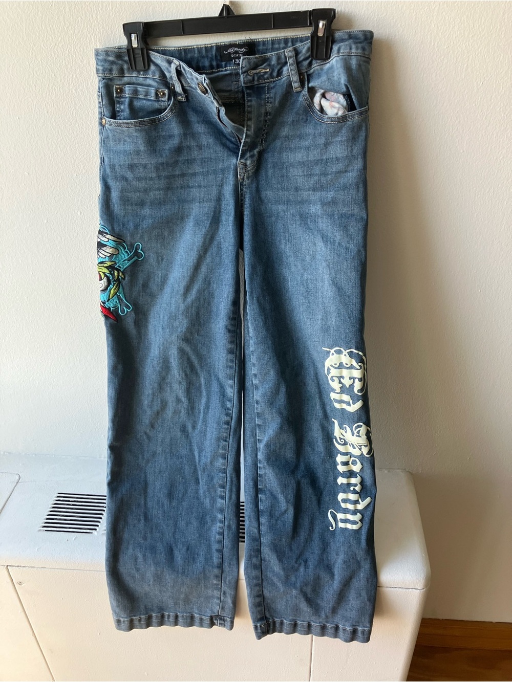 Ed Hardy Blue Straight-Leg Jeans with Colorful Embroidery